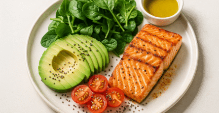 Assiette colorée de légumes frais, saumon, avocat et graines — repas équilibré et alimentation anti inflammatoire