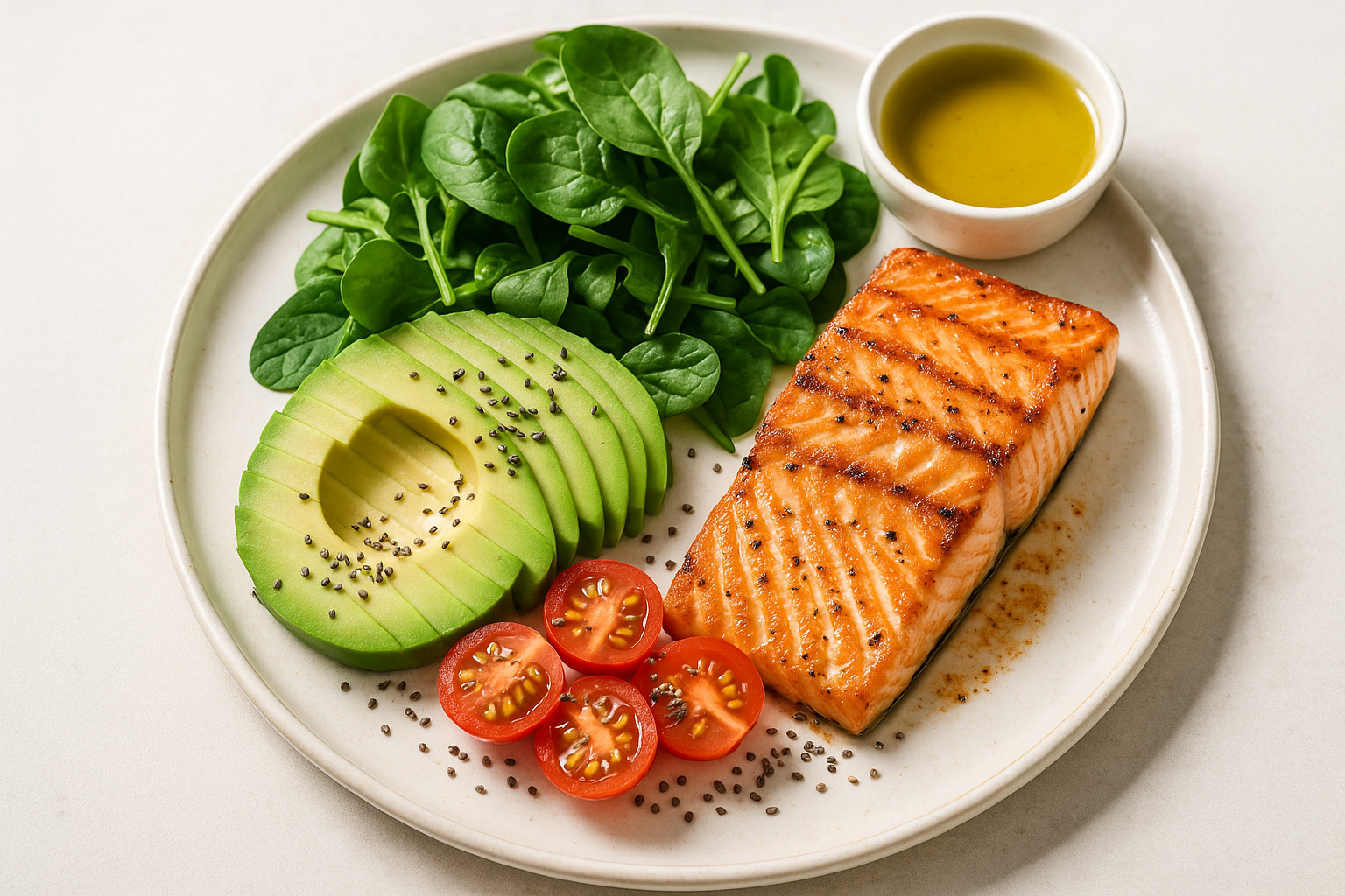 Assiette colorée de légumes frais, saumon, avocat et graines — repas équilibré et alimentation anti inflammatoire