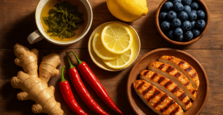 Vue du dessus d’une table rustique avec des aliments brûleurs de graisse naturels : thé vert, citron, gingembre, piments rouges, myrtilles et poulet grillé. Bol de smoothie coloré aux myrtilles, zeste de citron, gingembre frais et feuilles de menthe, vu de dessus. bruleur naturel de graisse