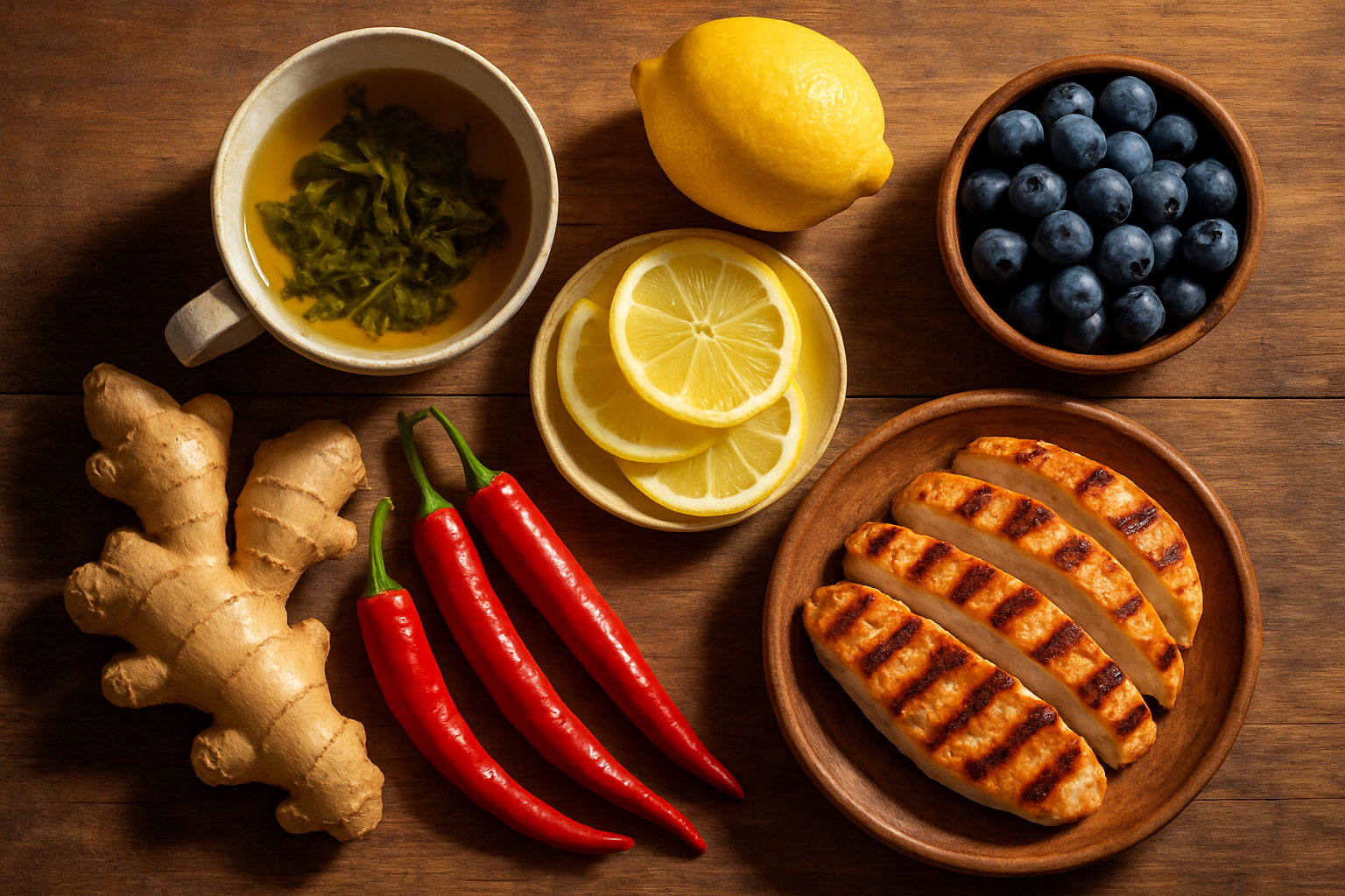 Vue du dessus d’une table rustique avec des aliments brûleurs de graisse naturels : thé vert, citron, gingembre, piments rouges, myrtilles et poulet grillé. Bol de smoothie coloré aux myrtilles, zeste de citron, gingembre frais et feuilles de menthe, vu de dessus. bruleur naturel de graisse