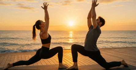 Homme et femme pratiquant le yoga vinyasa en extérieur, lever de soleil au bord de la mer.