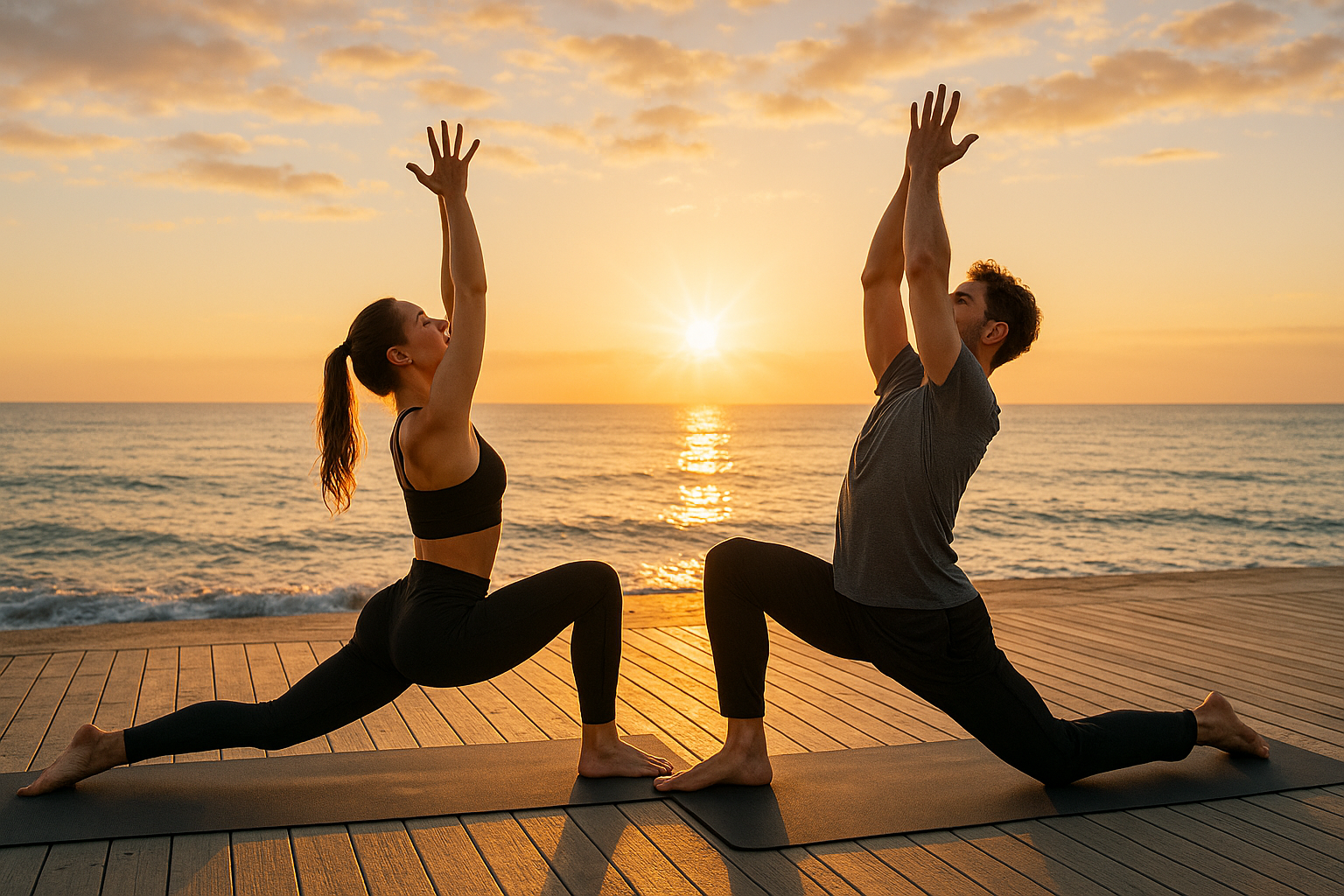 Homme et femme pratiquant le yoga vinyasa en extérieur, lever de soleil au bord de la mer.
