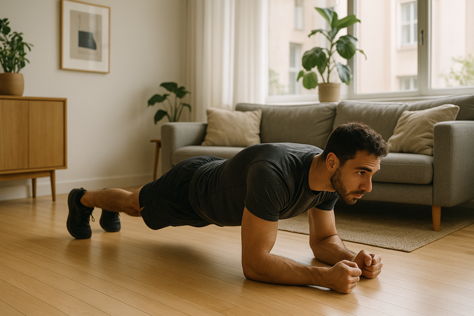 Un athlète en position de planche (plank)