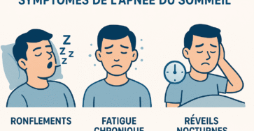 Illustration médicale montrant les symptômes de l’apnée du sommeil : ronflements, pauses respiratoires, fatigue chronique, maux de tête, somnolence. apnée du sommeil symptomes