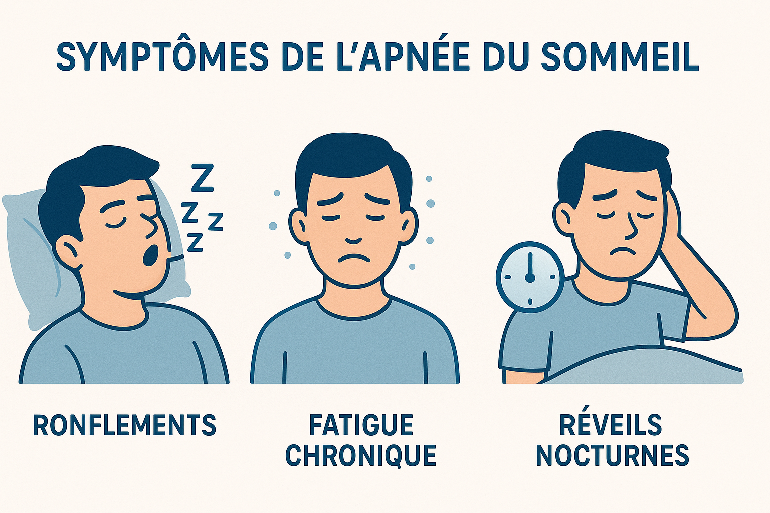 Illustration médicale montrant les symptômes de l’apnée du sommeil : ronflements, pauses respiratoires, fatigue chronique, maux de tête, somnolence. apnée du sommeil symptomes