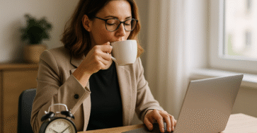 une femme active buvant un café noir devant son ordinateur, symbole du jeûne intermittent.