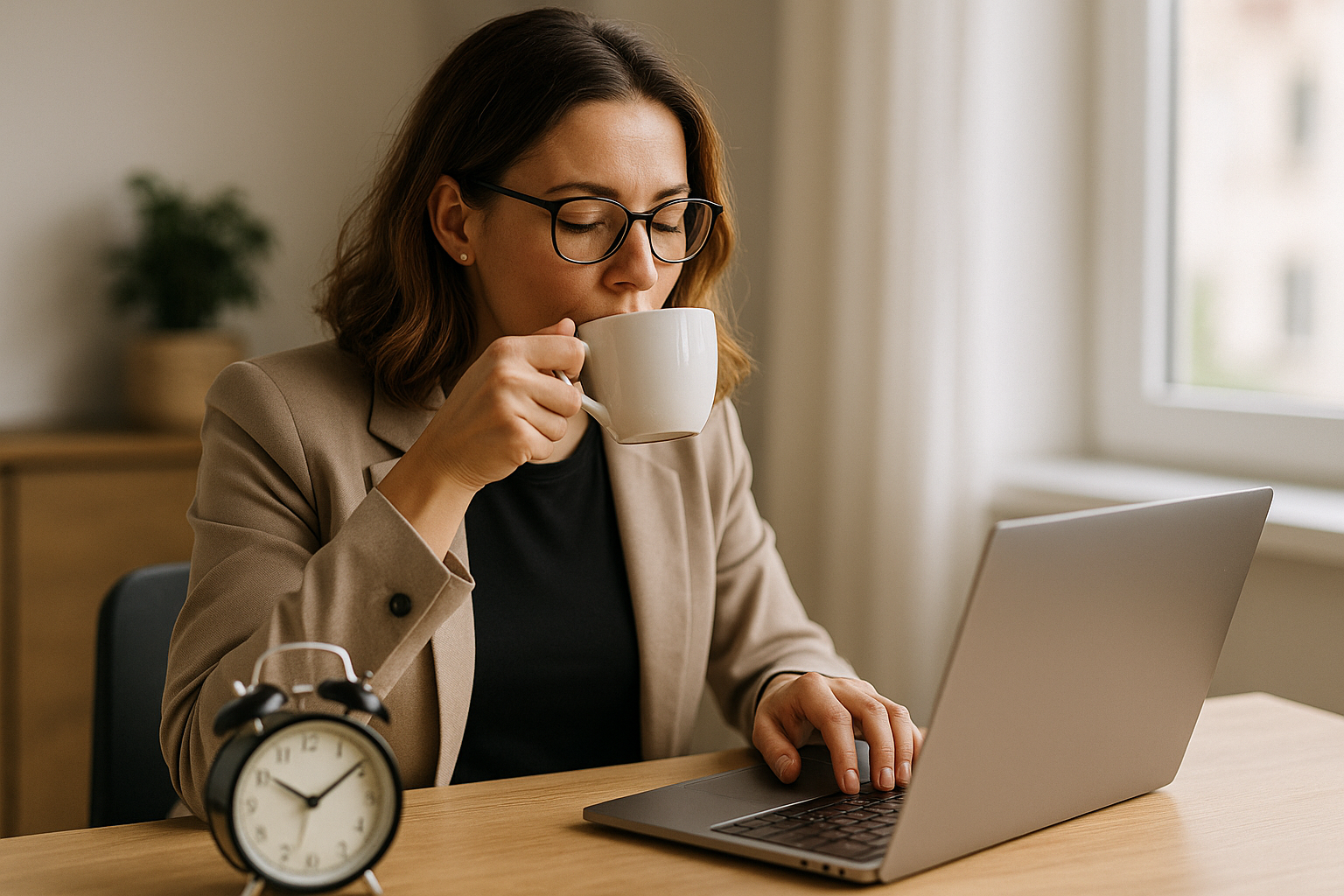 une femme active buvant un café noir devant son ordinateur, symbole du jeûne intermittent.