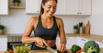 Femme souriante préparant une salade équilibrée avec légumes colorés. Rééquilibrage alimentaire