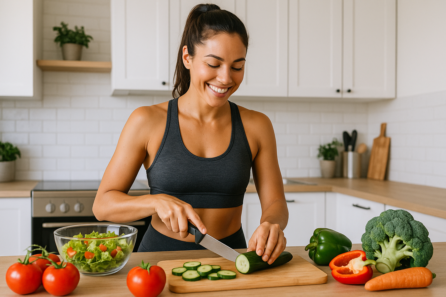 Femme souriante préparant une salade équilibrée avec légumes colorés. Rééquilibrage alimentaire