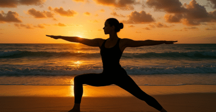 Yoga sur la plage au lever du soleil, personne dans la posture de yoga du guerrier (Virabhadrasana II)