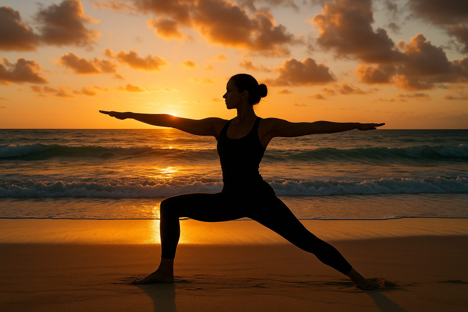 Yoga sur la plage au lever du soleil, personne dans la posture de yoga du guerrier (Virabhadrasana II)
