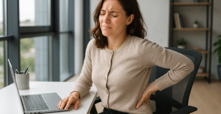 Femme assise dans un bureau, se tenant le bas du dos douloureux. douleur bas du dos.