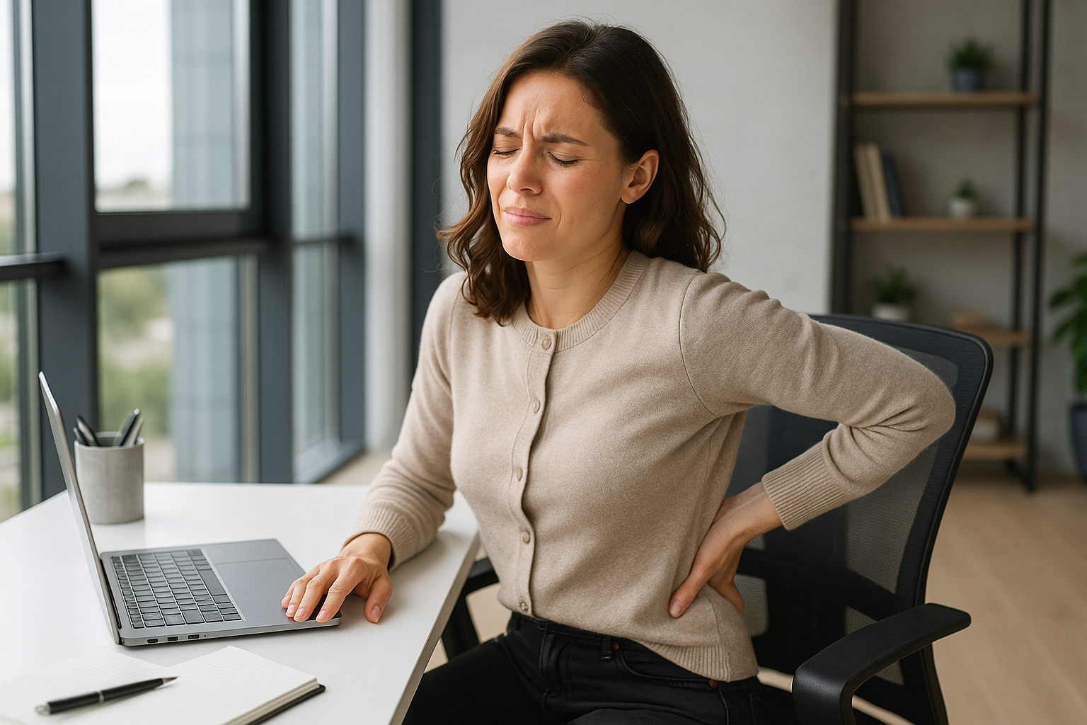 Femme assise dans un bureau, se tenant le bas du dos douloureux. douleur bas du dos.
