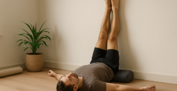 Un homme en posture Viparita Karani (jambes contre le mur), coussin sous le bassin. yoga restauratif