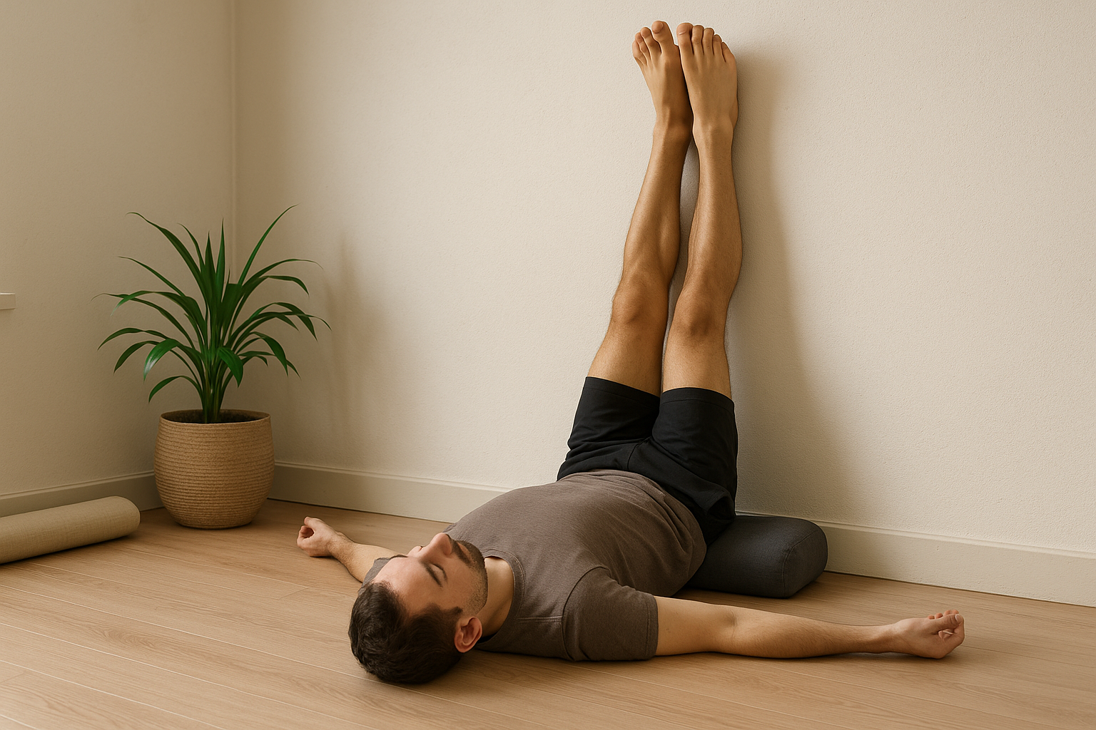 Un homme en posture Viparita Karani (jambes contre le mur), coussin sous le bassin. yoga restauratif