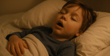 Enfant dormant la bouche ouverte dans son lit. Respirer par la bouche