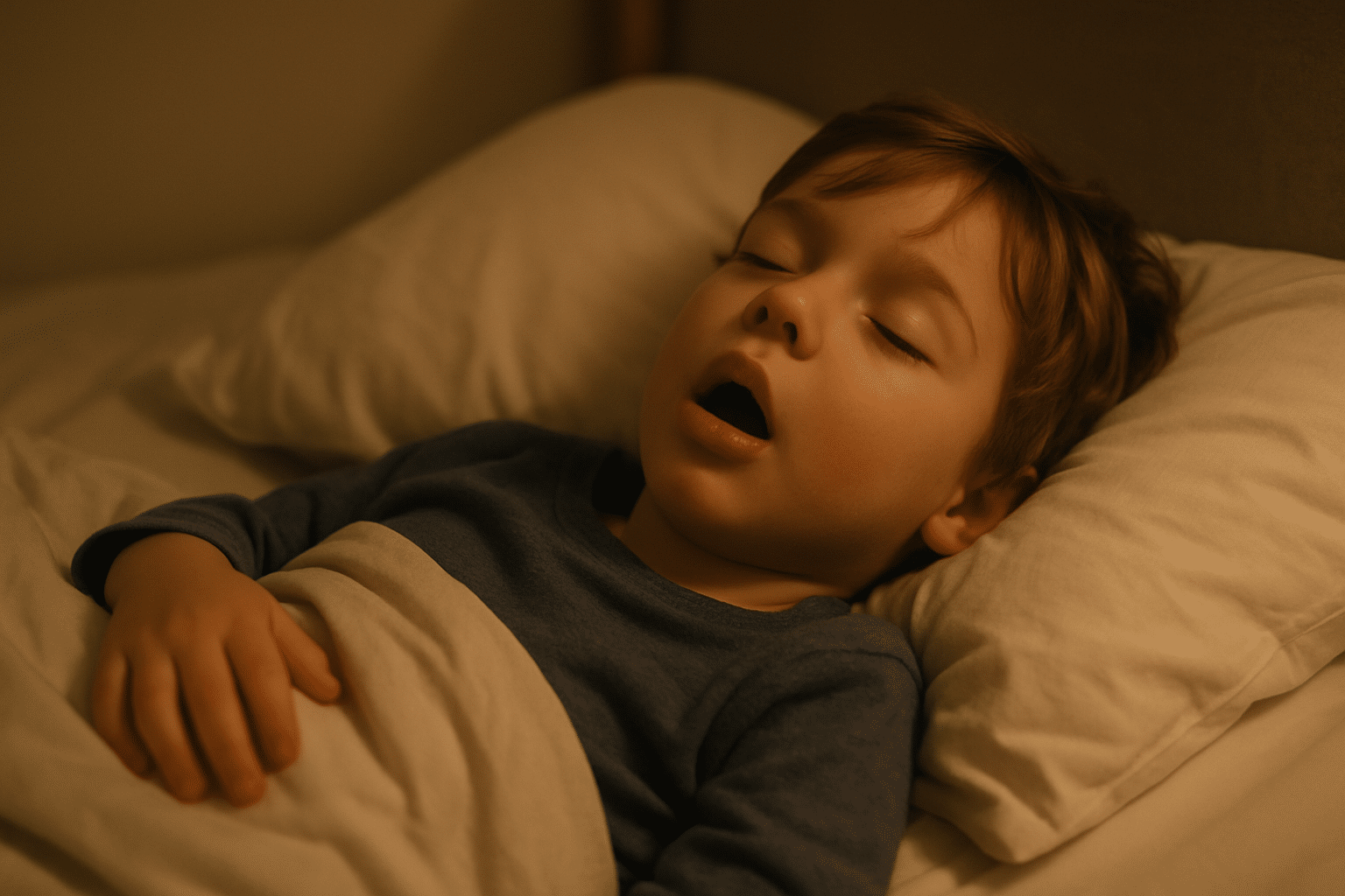 Enfant dormant la bouche ouverte dans son lit. Respirer par la bouche