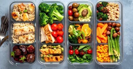 Assiette de repas healthy équilibré avec protéines légumes et céréales complètes